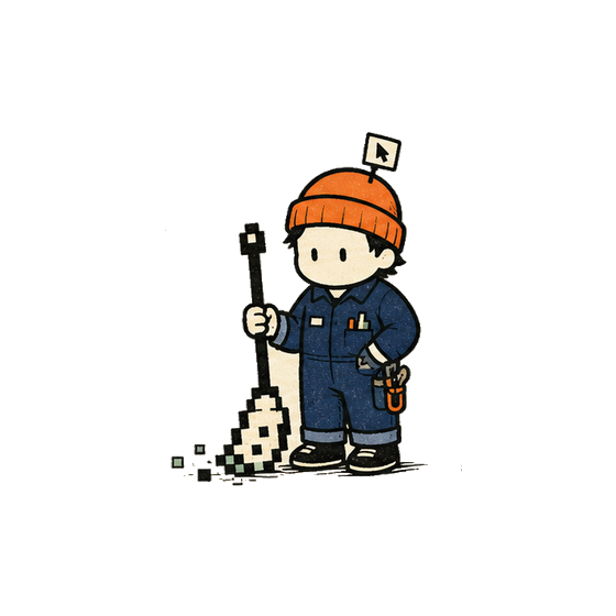 Support Sprite mascot sweeping pixel debris with a broom